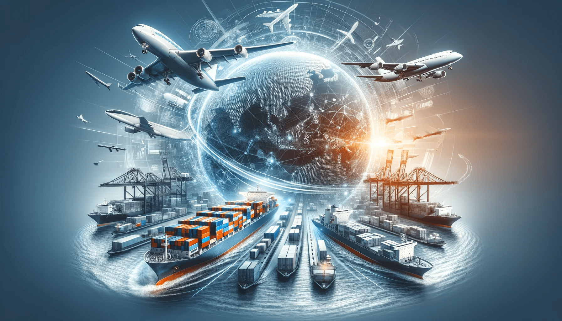 A futuristic digital illustration representing global logistics and international trade. A glowing, wireframe globe sits in the center, surrounded by commercial airplanes flying in the sky above and large cargo ships loaded with shipping containers navigating the water below. The scene is styled with high-tech blue and warm orange lighting, featuring interconnected lines, data networks, and port cranes that emphasize a connected global supply chain.