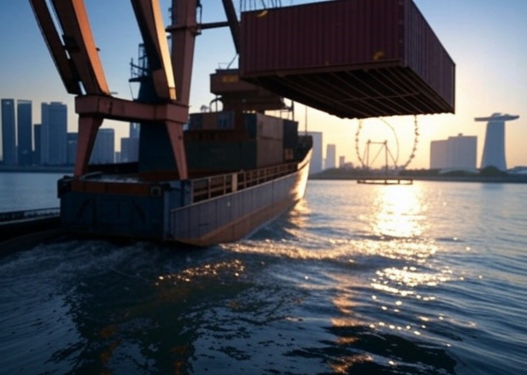 A large commercial container ship at the port of Singapore.