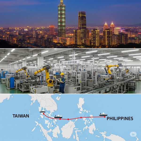 A shipping container being loaded at a Taiwanese port for import to the Philippines.