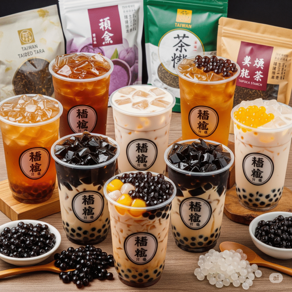 Tapioca pearls and various ingredients for importing bubble tea supplies.