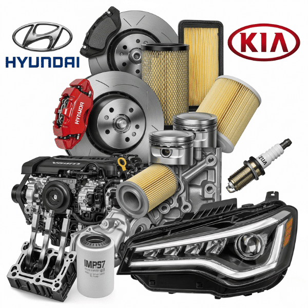 Various genuine Korean auto parts neatly arranged on a warehouse shelf.