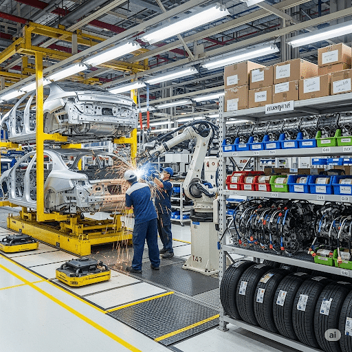 A logistics manager inspecting new auto parts imported from Thailand.