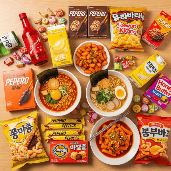 Various packaged Korean food products ready for import.