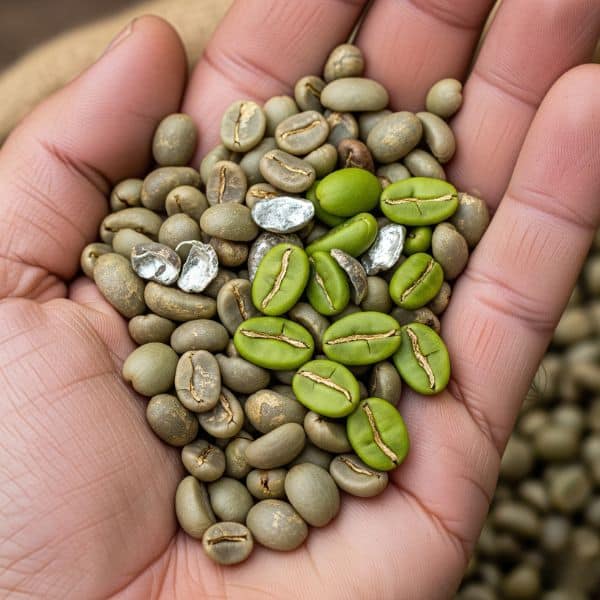 A coffee professional inspecting raw Vietnamese coffee beans before shipment.