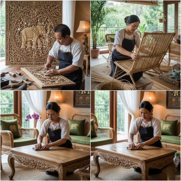 A person inspecting a hand-carved wooden chair at a furniture workshop in Thailand.