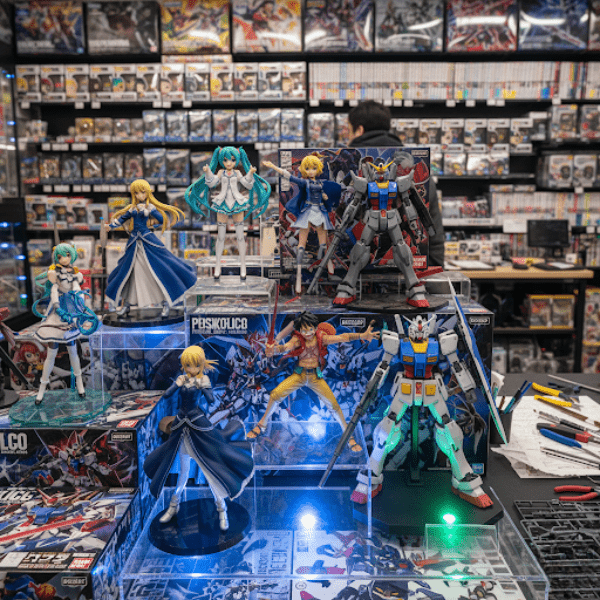 Rare Japanese figurines and trading cards being carefully packaged for shipping.