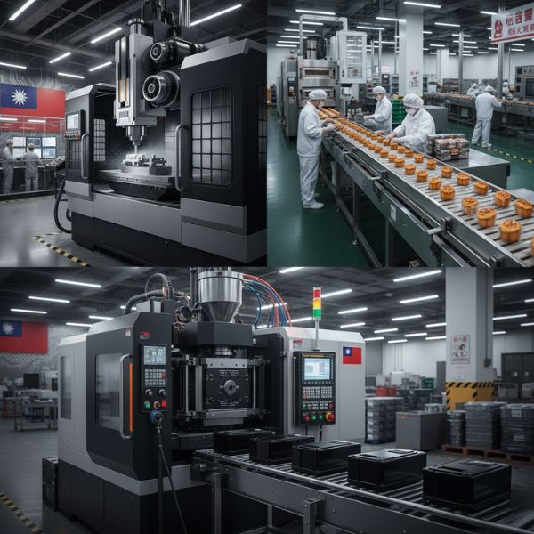 A person inspecting a large piece of industrial machinery for quality control in a factory in Taiwan.