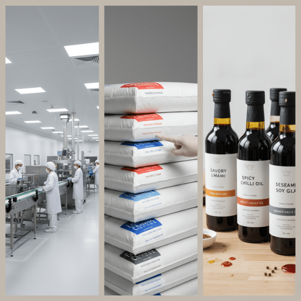 A variety of packaged food ingredients stored in a clean warehouse.