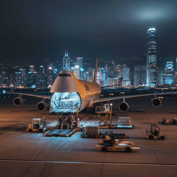 A cargo plane taking off from Hong Kong International Airport, illustrating air freight Hong Kong to Philippines.