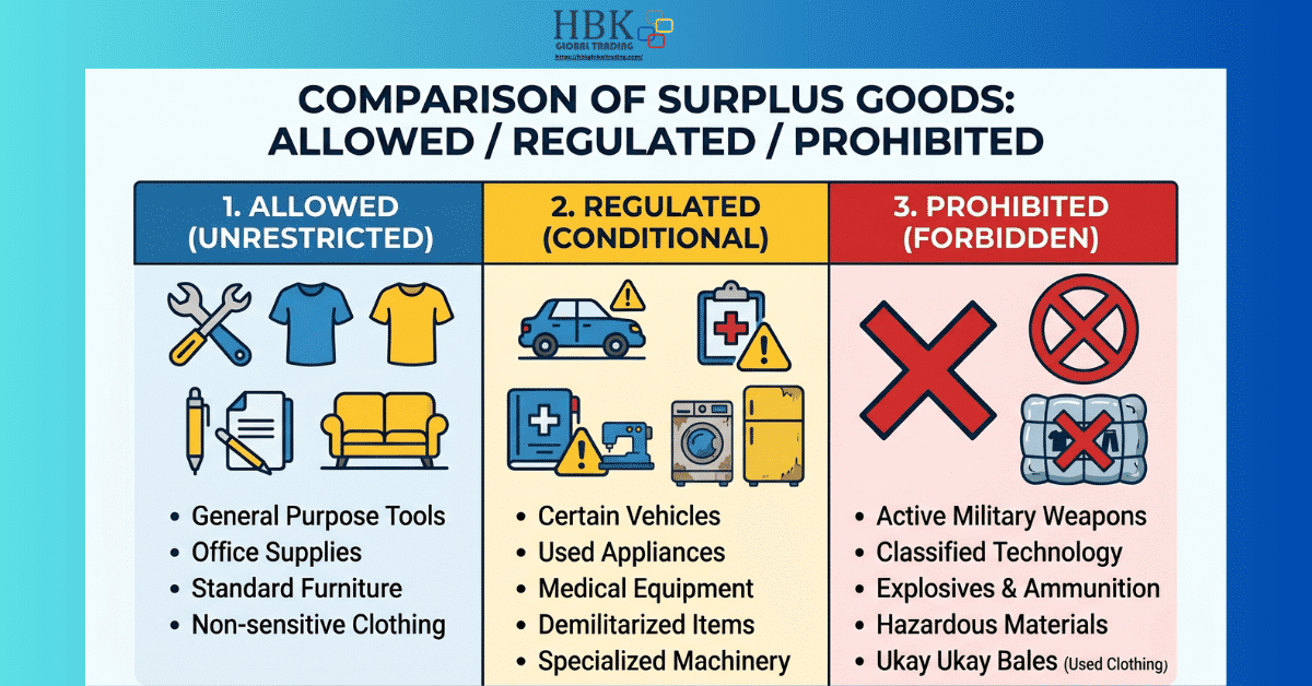 Comparison table: allowed, regulated, and prohibited surplus goods