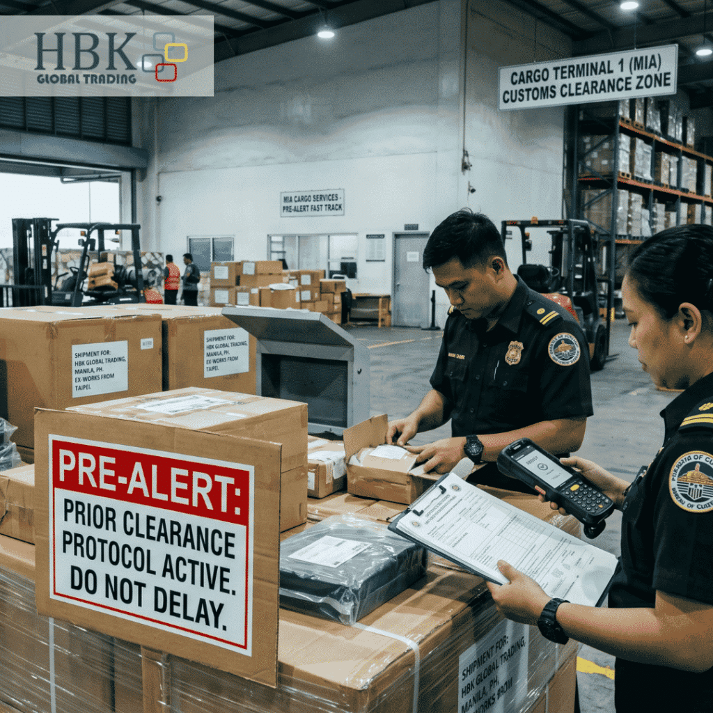 HBK Global Trading air cargo clearing customs at NAIA terminal under a pre-alert protocol