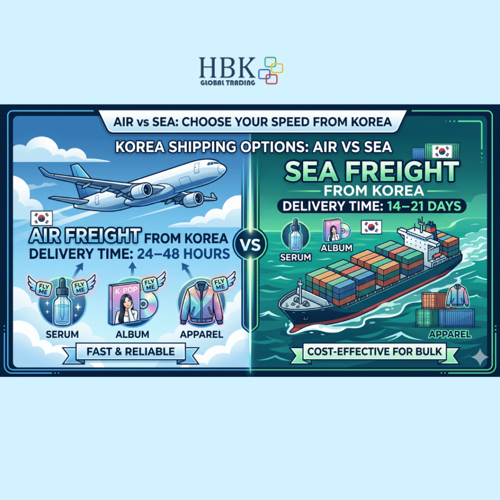 Korea air freight versus sea freight transit time comparison for K-beauty and K-pop merchandise to Manila