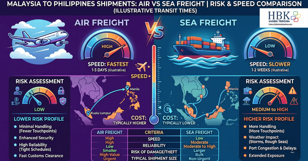 Air vs sea freight risk and speed comparison for Malaysia to Philippines shipments