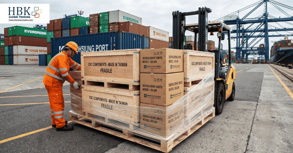 Crated Taiwan machine parts consolidated for LCL sea freight from Kaohsiung to Manila