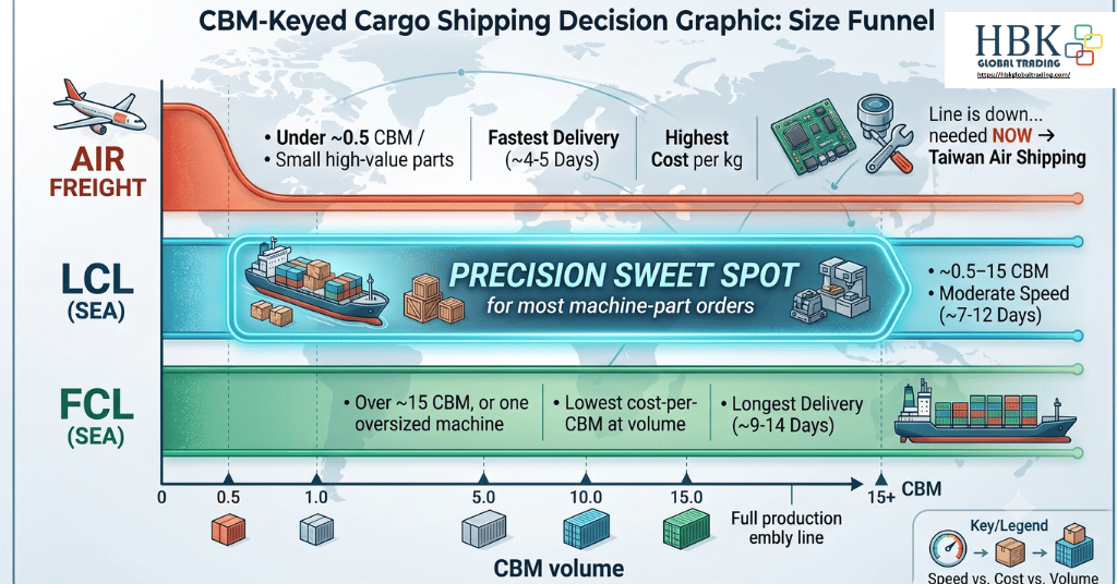 Decision chart comparing air, LCL, and FCL shipping by cargo volume for Taiwan machine parts