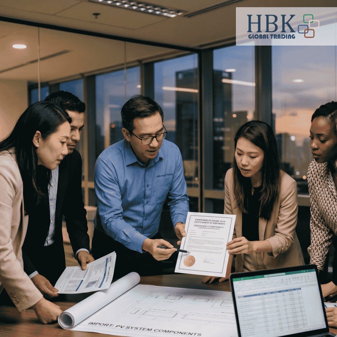 HBK Global Trading team reviewing DOE certification for a renewable energy equipment import