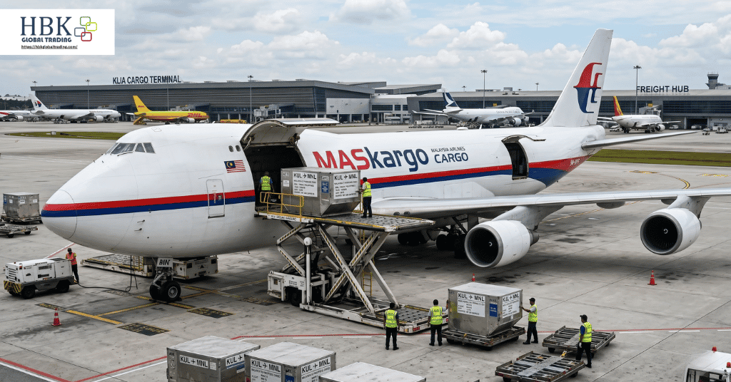 Malaysia to Philippines air shipping cargo being loaded at KLIA freight hub