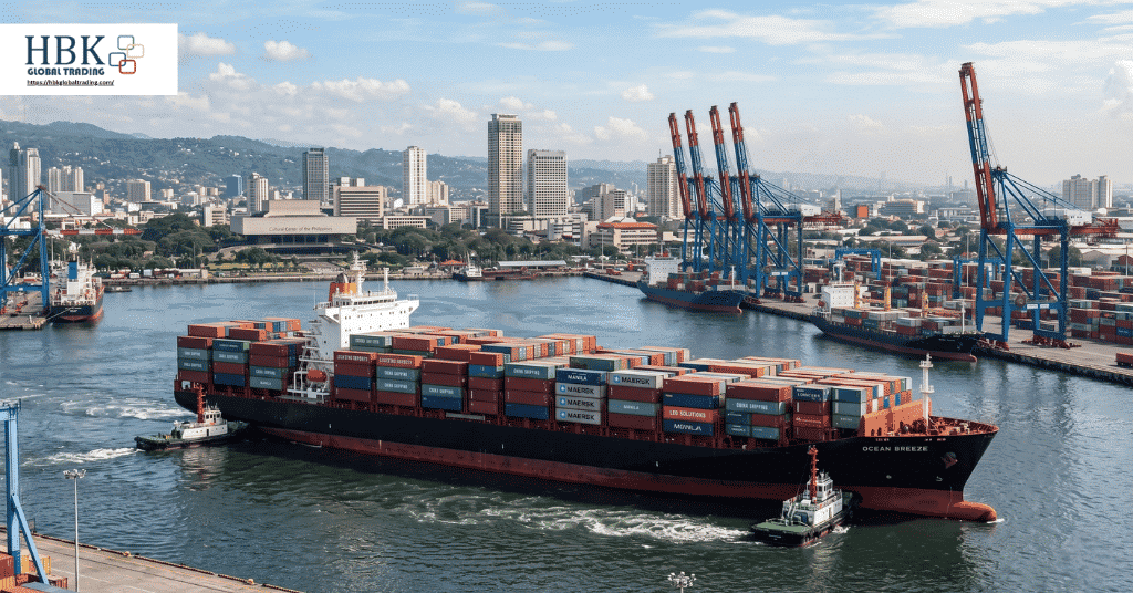 Cargo ship carrying lighting imports arriving at Manila port via sea freight