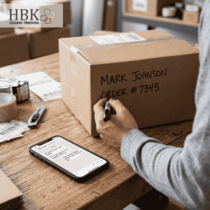 A person handing off a small parcel with a handwritten name-and-number label, no app or account screen in sight.