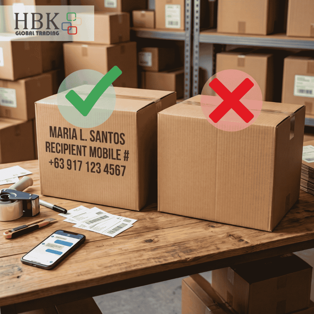 Two boxes side by side: one labeled with a name and number and marked deliverable, one blank and marked lost.